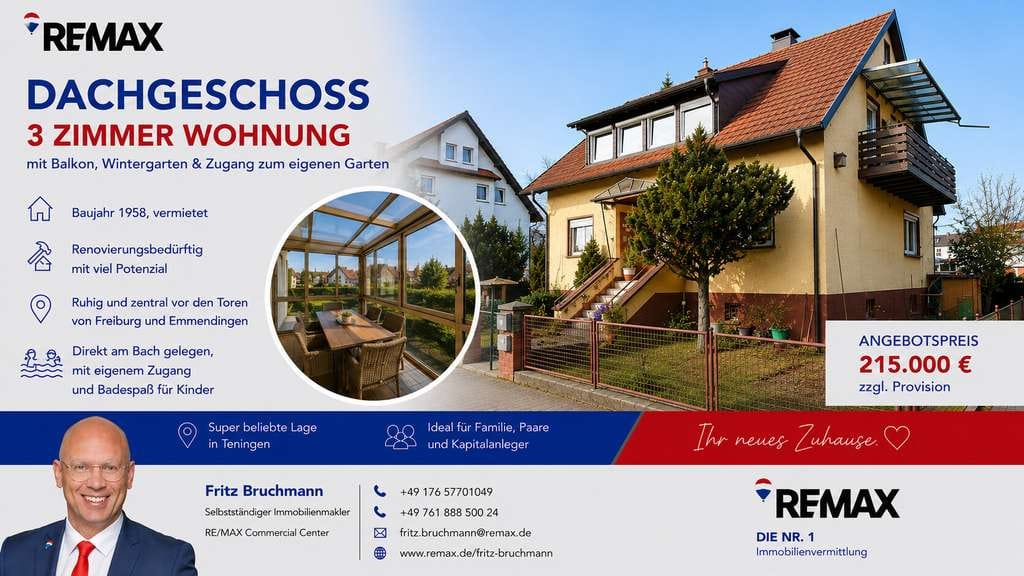Immobilie in Teningen - Traumhaft schöne vermietete 3-Zimmer-Wohnung im DG mit Garage, Balkon, Wintergarten, Garten am Bach - Bild 0