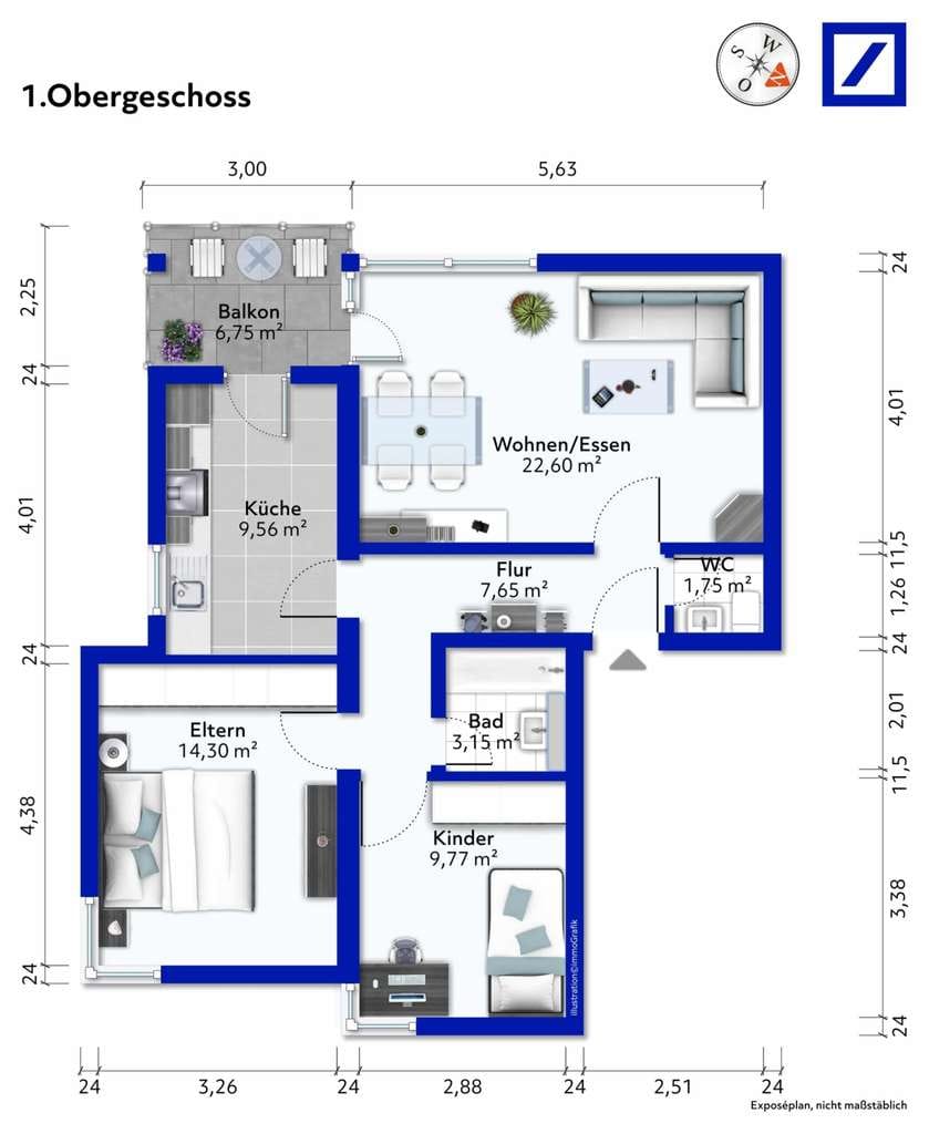 Immobilie in Remseck am Neckar - Helle 3 Zimmer-Wohnung mit Balkon, Aufzug und Stellplatz in Neckarrems - Bild 1