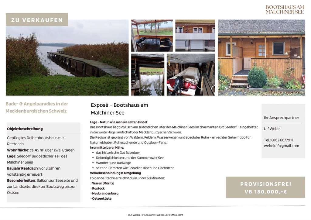 Immobilie in Basedow - Exklusives Bootshaus,  mit eigenem Bootsliegeplatz, direkt am Malchiner See – Ein Traum - Bild 1