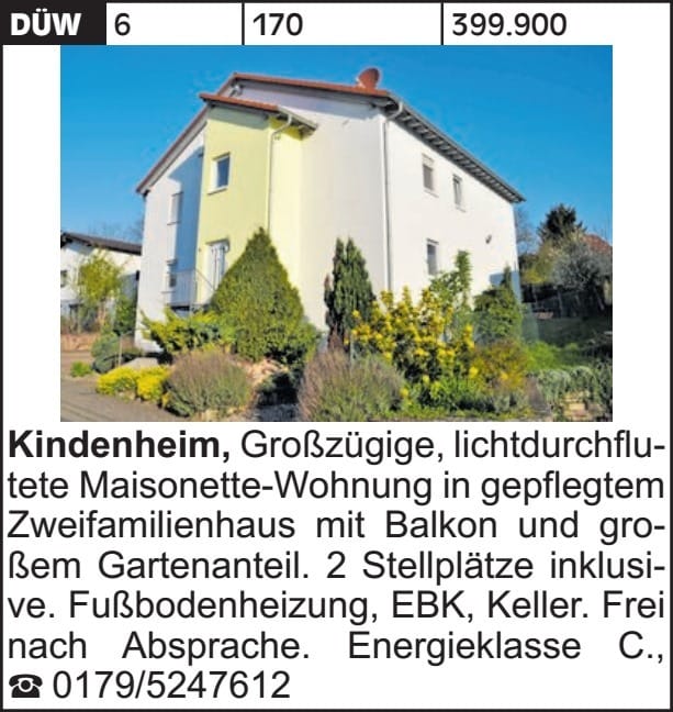 Immobilie in Kindenheim - Großzügige, lichtdurchflutete Maisonette-Wohnung in gepflegtem Zweifamilienhaus... - Bild 1