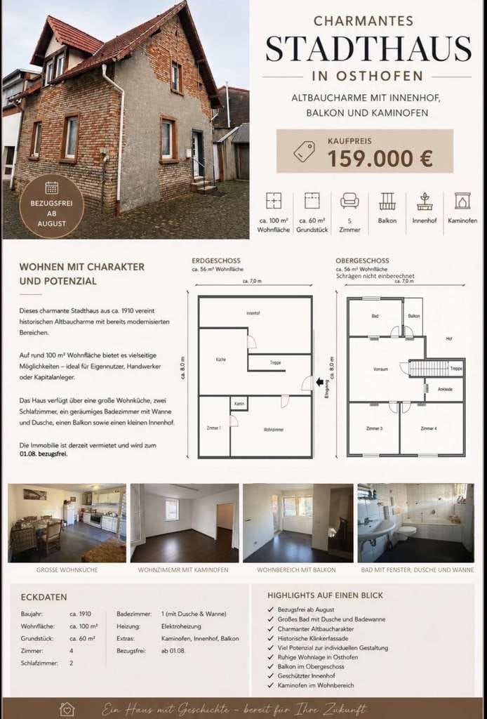 Immobilie in Osthofen - Charmantes Stadthaus in Osthofen, Altbaucharme mit Innenhof, Balkon und Kaminofen - Bild 1
