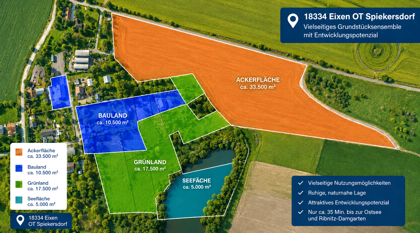 Immobilie in Eixen - Neues Herrenhaus auf ca. 66.500m² in 18334 Eixen OT Spiekersdorf inkl. zusätzlichen Bauland + Ackerland + Grünland + Seefläche - Bild 1