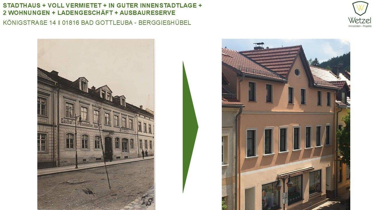 Immobilie in Bad Gottleuba-Berggießhübel - Top-Innenstadtlage + Stadthaus mit zwei Wohnungen und Ladengeschäft + voll vermietet + Ausbaureserve für weitere Einheit + saniert + + + +  - Bild 2