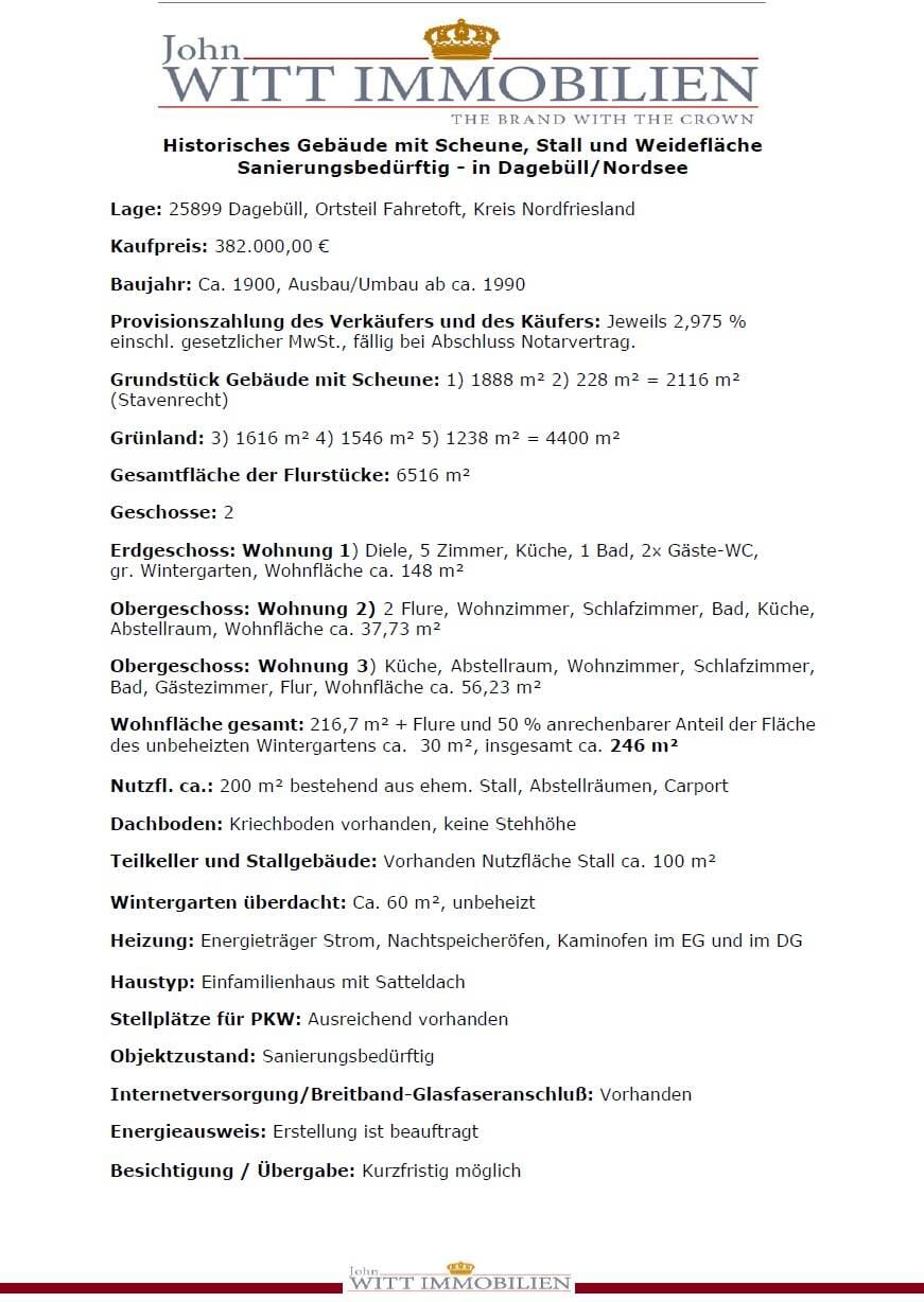Immobilie in Dagebüll - Historisches Gebäude mit 3 Wohnungen und Scheune, Stall und Weidefläche/Pferdekoppel - in Dagebüll / Nordsee !- Sanierungsbedürftig- neuer Preis !!! - Bild 1