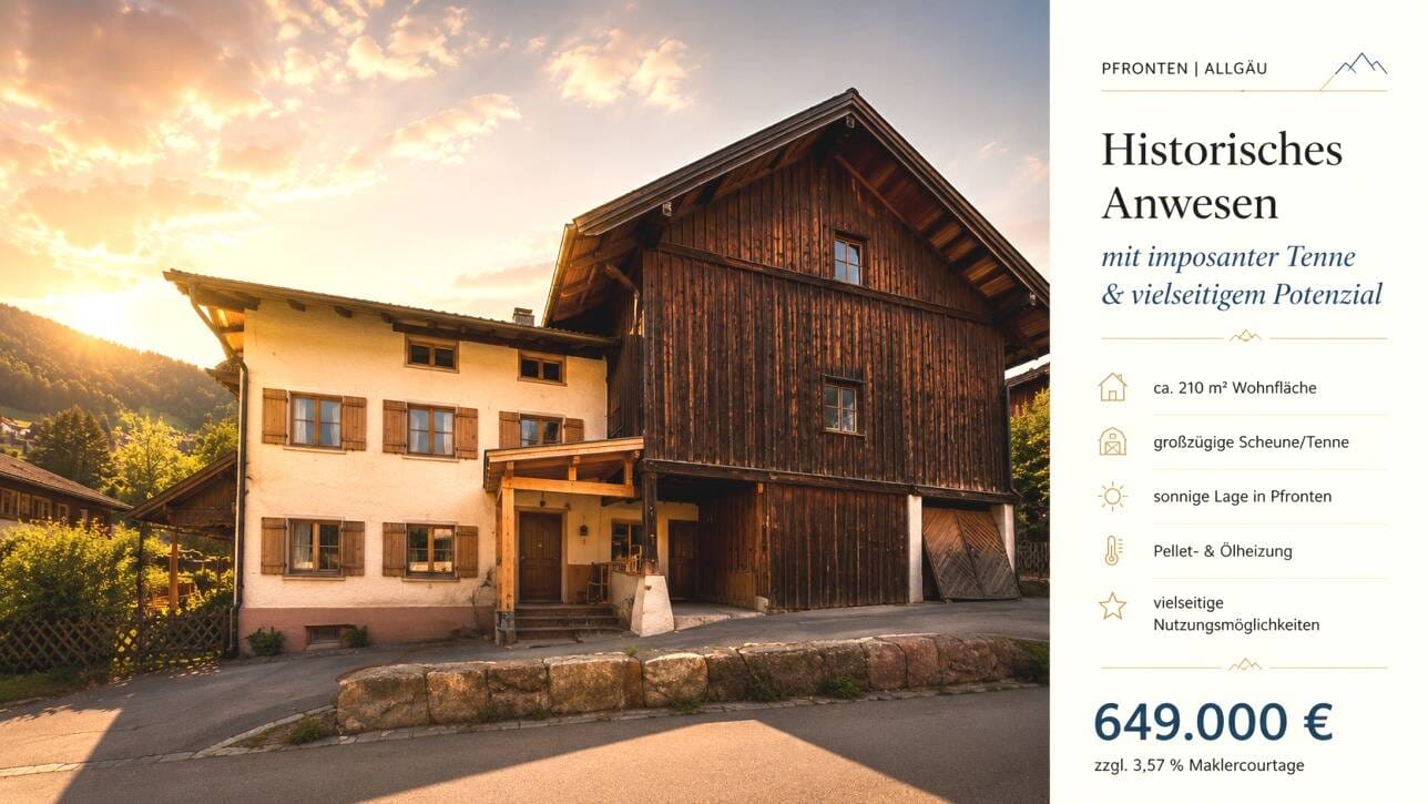 Immobilie in Pfronten - Historisches Allgäuer Wohnhaus mit unverbaubarem Alpenpanorama, großer Tenne und außergew. Entwicklungspotential. - Bild 0