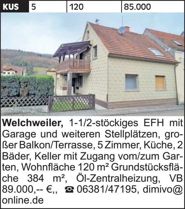 Immobilie in Welchweiler - 1-1/2-stöckiges EFH mit Garage und weiteren Stellplätzen, großer Balkon/Terrasse,... - Bild 1