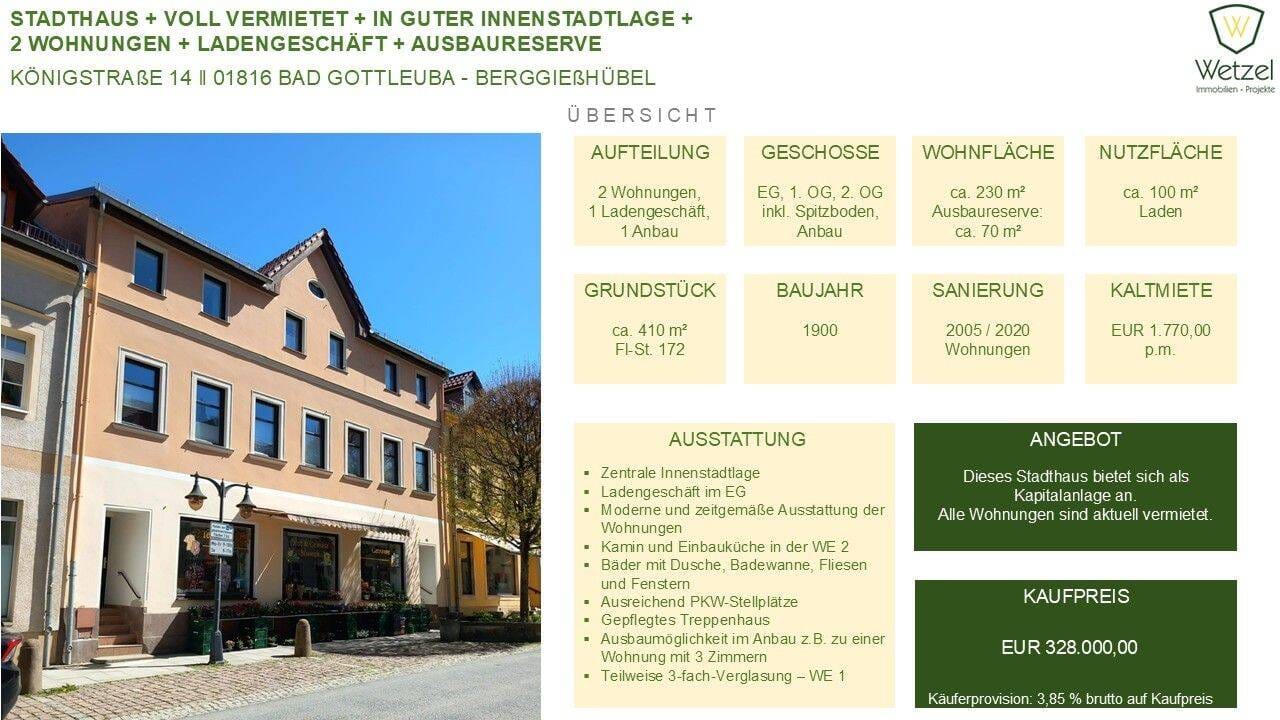 Immobilie in Bad Gottleuba-Berggießhübel - Top-Innenstadtlage + Stadthaus mit zwei Wohnungen und Ladengeschäft + voll vermietet + Ausbaureserve für weitere Einheit + saniert + + + +  - Bild 1