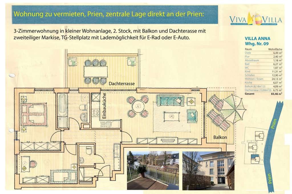 Immobilie in Prien am Chiemsee - Sonnige 3-Zimmer-Wohnung, freier Blick auf Fluss und Berge. Provisionsfrei, Top-Lage. - Bild 1