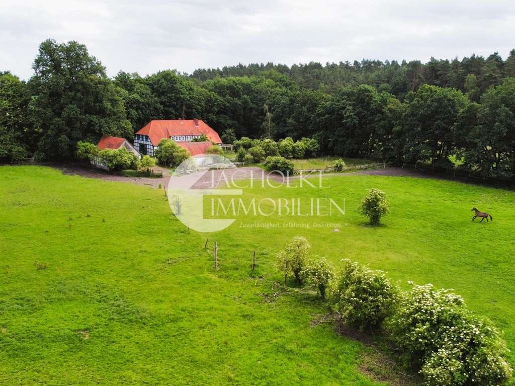 Immobilie in Bienenbüttel - Fachwerkjuwel in Alleinlage: Einzigartiges Landhaus für Pferdeliebhaber mit rd. 3,8 ha arrond. Land - Bild 0